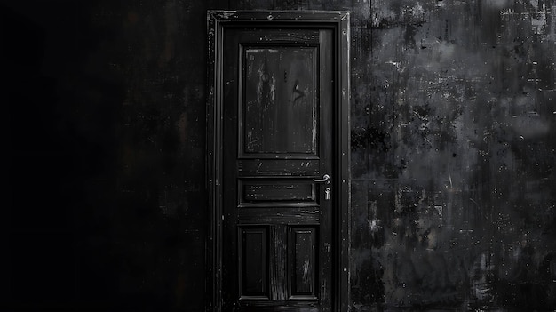 Foto una puerta de madera oscura está puesta en una pared grunge la puerta es vieja y desgastada con un gran mango de metal