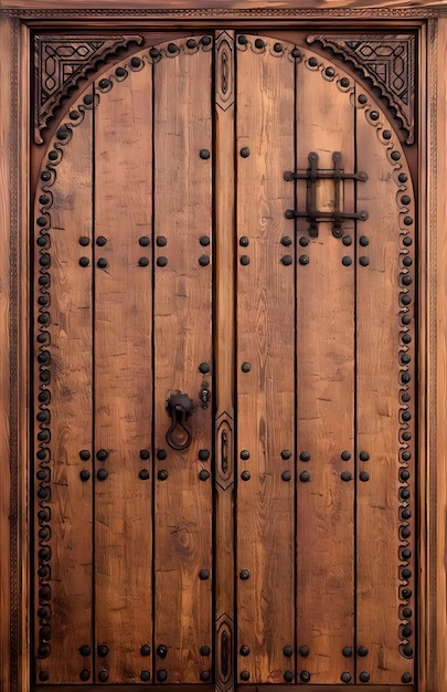 Foto una puerta de madera con una perilla negra y una puerta de madeira con una perila negra