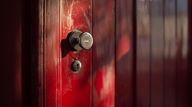Puerta de madera roja y cerradura de puerta de metal redonda con empuñadura Generativa AI