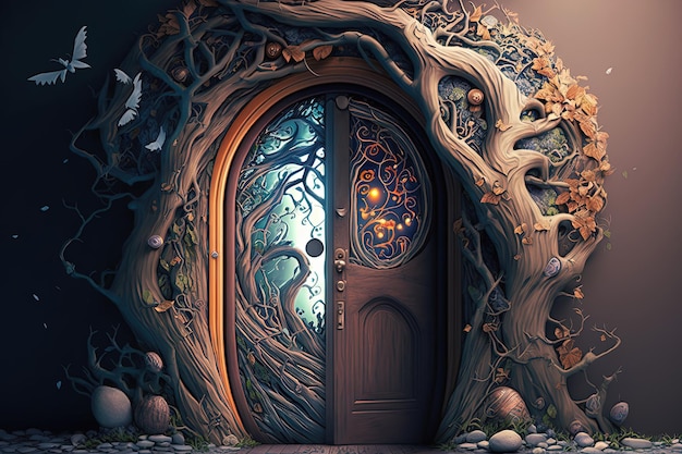 Puerta mágica, puerta a la dimensión de fantasía, rama y puerta de hoja, ilustración digital AI