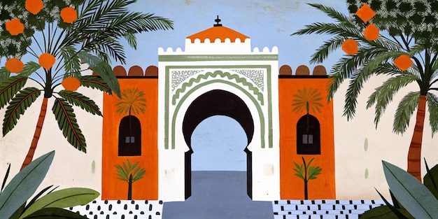 Puerta marroquí minimalista con palmeras y diseño geométrico
