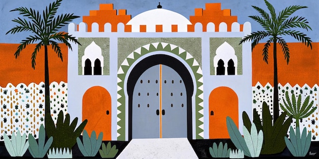 Puerta marroquí minimalista con palmeras y diseño geométrico