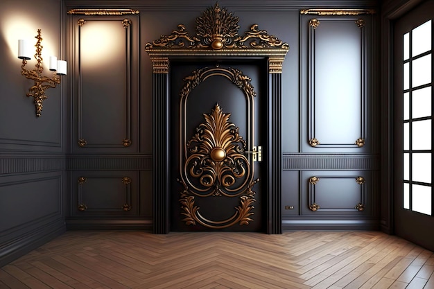 Puerta de metal negro con ornamentación dorada en habitación con piso de madera ai generativo