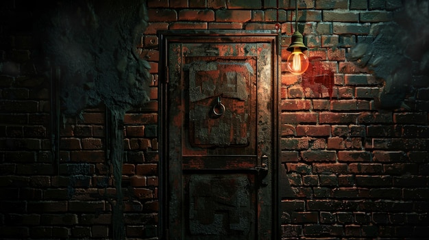 puerta de metal vieja con diseños antiguos en una pared de ladrillo oscuro bajo una sola bombilla incandescente