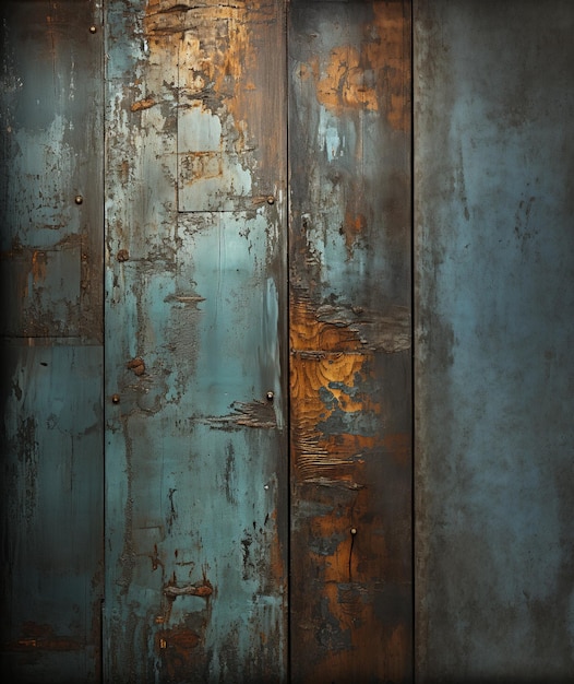 puerta metálica oxidada con pintura oxidada y un marco de madera generativo ai