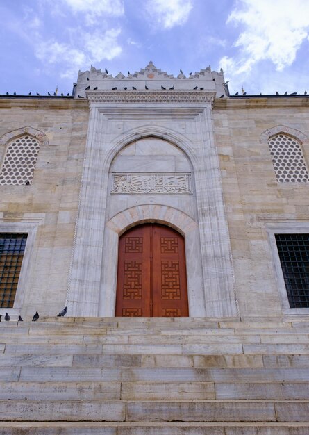 La puerta de la Mezquita Nueva en Estambul y palomas