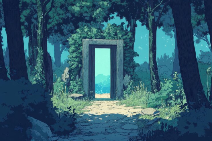 Una puerta misteriosa se encuentra en medio de un bosque encantado que invita a la exploración y el descubrimiento.