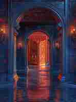 Foto una puerta misteriosa y roja en el corredor de la fantasía oscura.
