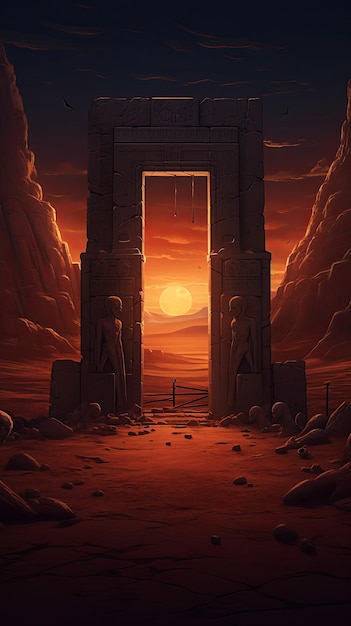 Una puerta mítica al inframundo custodiada por momias egipcias en un desierto.