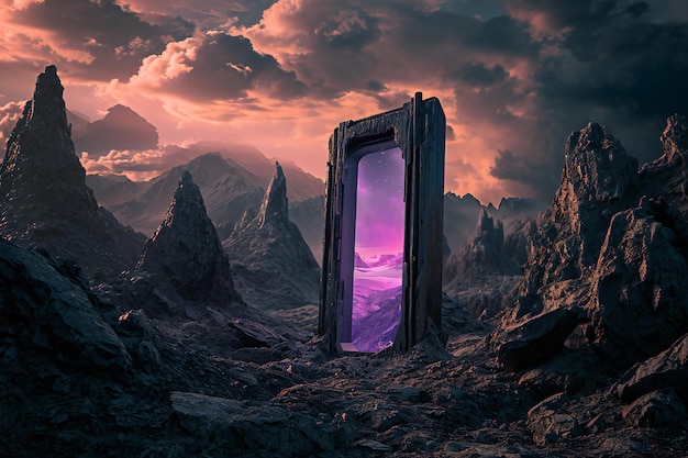 Puerta en las montañas al atardecer Paisaje de fantasía