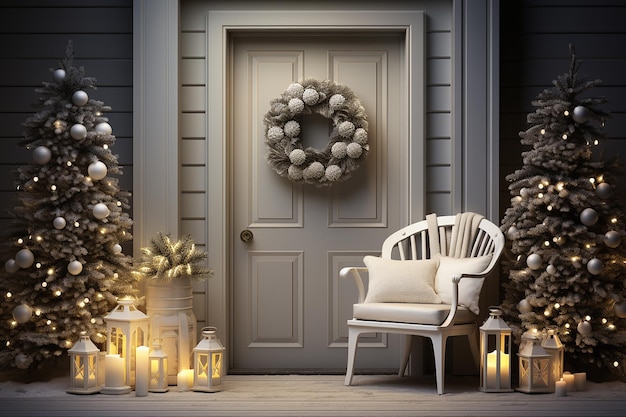 Puerta de Navidad con sillas de madera, velas y adornos