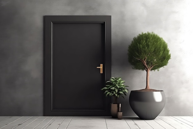 Una puerta negra con un árbol en medio.