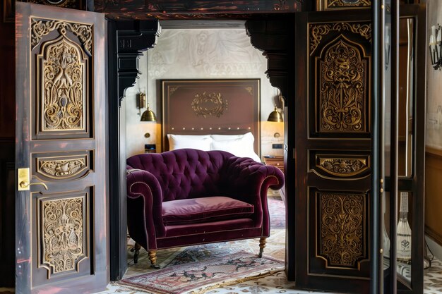 puerta ornamental que conduce a un dormitorio con un sofá de terciopelo de peluche
