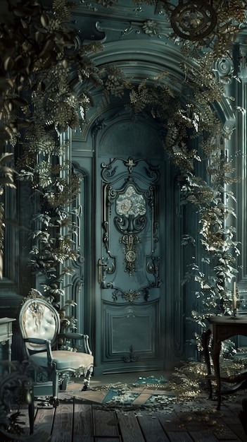 Una puerta oscura y misteriosa oculta por una cortina de colgar