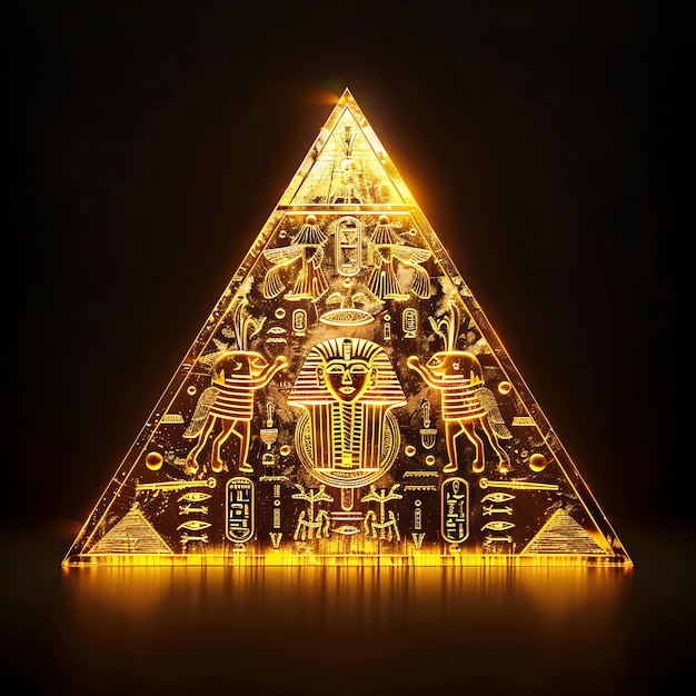 Puerta de la pirámide egipcia con jeroglíficos y escarabajos objetos brillantes diseño de arte de neón Y2K