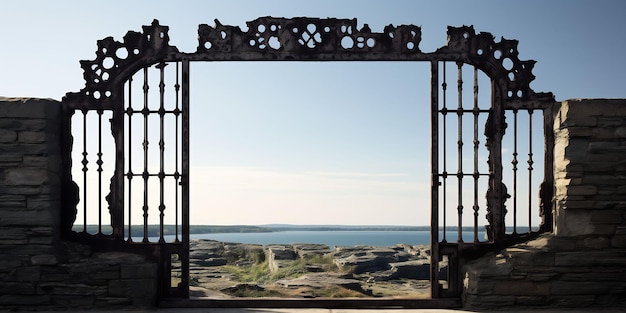 una puerta en la playa frente al océano