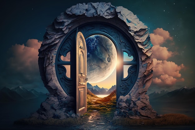 Una puerta de portal que se abre a un mundo de ensueño de fantasía.