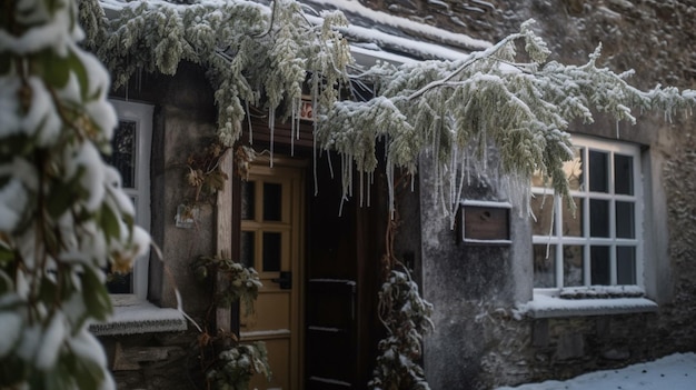 La puerta principal de la casa con nieve en el techo