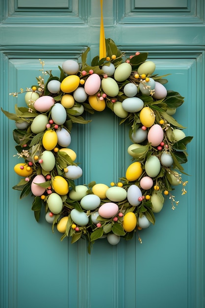 La puerta principal de madera decorada con una corona de Pascua con huevos navideños