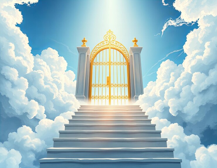 una puerta con la puerta abierta al cielo