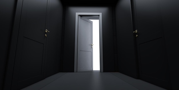 Puerta que se abre al brillante futuro La luz brilla desde la puerta que se abre en la habitación oscura 3D Render