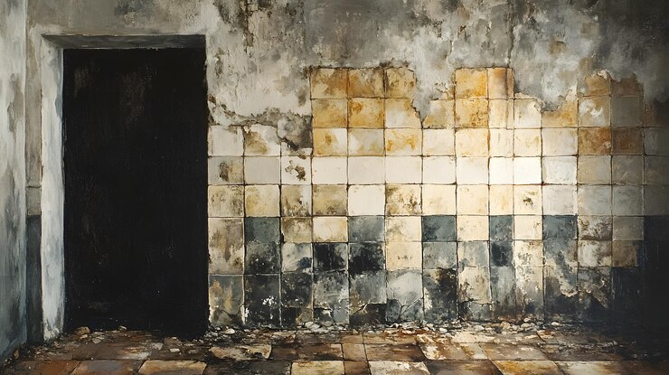 Una puerta que conduce a una habitación con azulejos desgastados en la pared