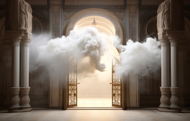 Una puerta de la que sale una nube de humo.