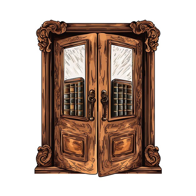 Puerta rectangular con libros y pergaminos académicos de color marrón y ideas conceptuales artísticas sobre fondo blanco.