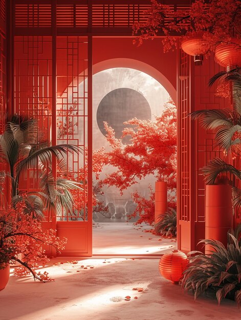 Una puerta roja con una puerta roja y una linterna roja
