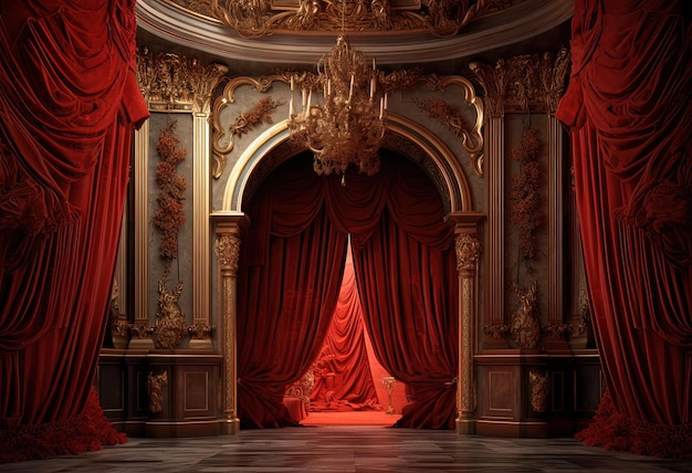 una puerta roja y un teatro con una cortina