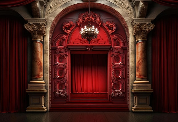 una puerta roja y un teatro con una cortina