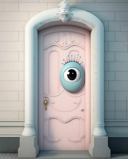 Una puerta rosa con un ojo que dice "ojo".