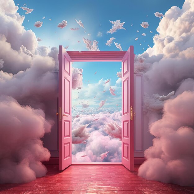 una puerta rosa con una puerta rosa y nubes en el fondo