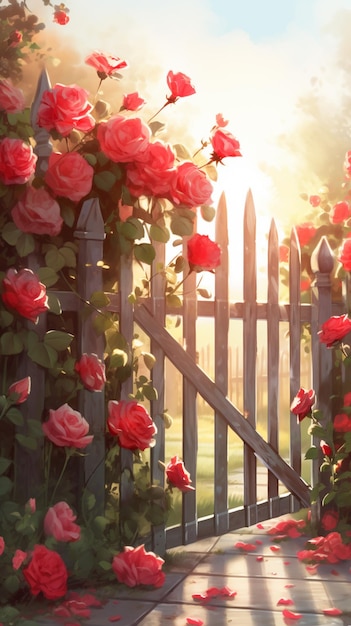 Una puerta con rosas rojas