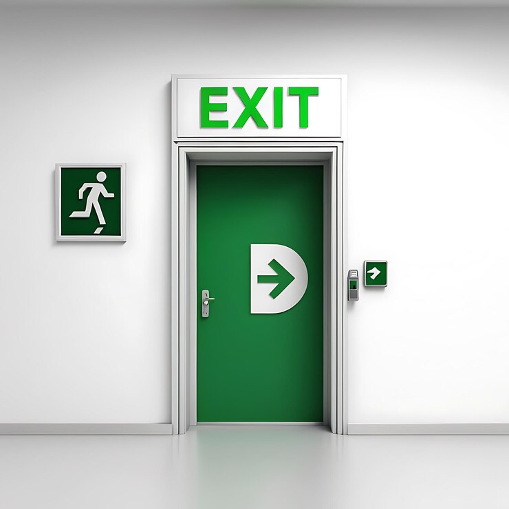 Foto una puerta de salida verde con una flecha que señala a la derecha