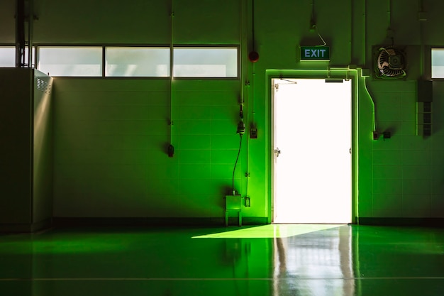 Foto puerta de salida y zona verde con luz del sol.