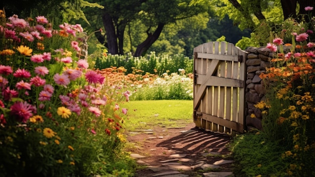 Una puerta secreta del jardín rodeada de flores silvestres