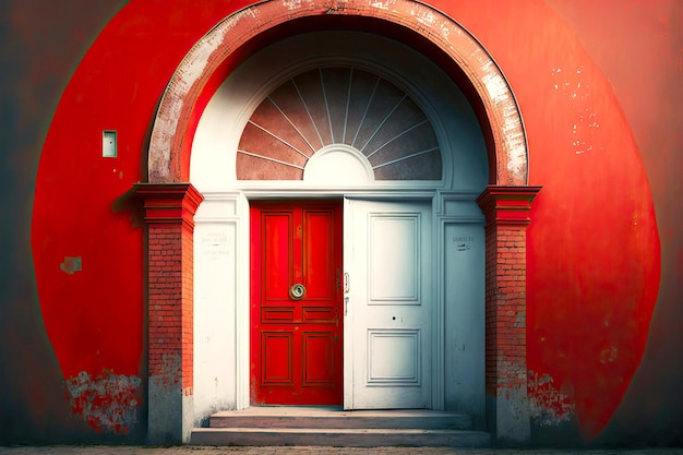 Puerta semicircular roja con puerta con web blanca