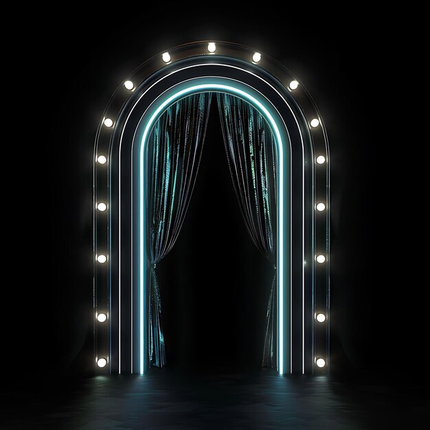 Puerta del teatro Art Deco con luces de marquesina y cortina de terciopelo Objeto brillante Diseño artístico de neón Y2K