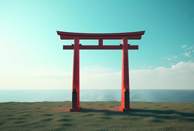 puerta tori roja en un campo al lado del mar al estilo de un japonés minimalista