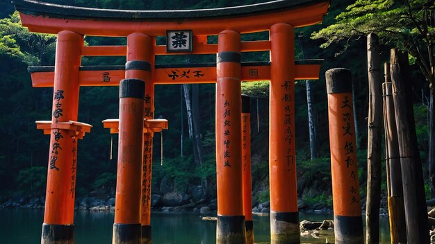 Foto una puerta torii adornada con intrincadas tallas y símbolos en un entorno sereno de bosque