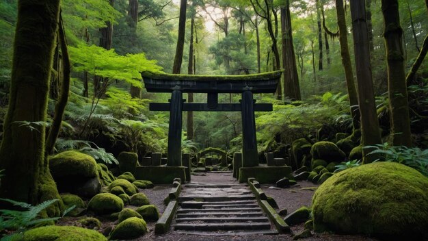 Una puerta de torii cubierta de musgo escondida dentro de un denso bosque escena tranquila y pintoresca