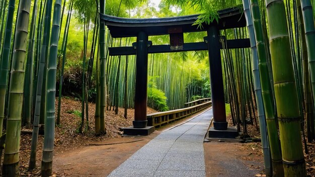 Foto una puerta torii enmarcada por altísimos bosques de bambú