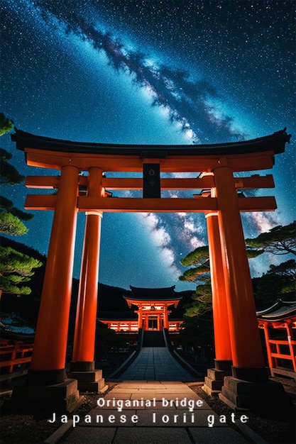 una puerta torii por la noche con la luna detrás de ella