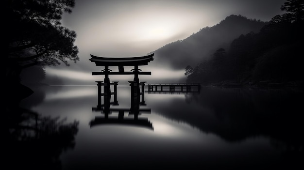 Una puerta torii se refleja en un lago con un fondo brumoso.