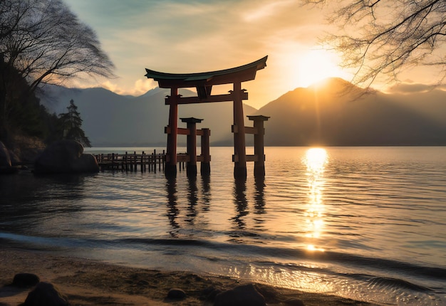 Una puerta torii simple cerca del agua