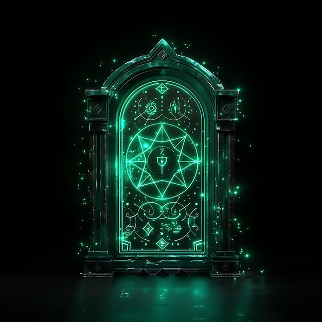 Foto puerta de transmutación alquímica con símbolos herméticos hecha con objeto glowing diseño de arte de neón y2k