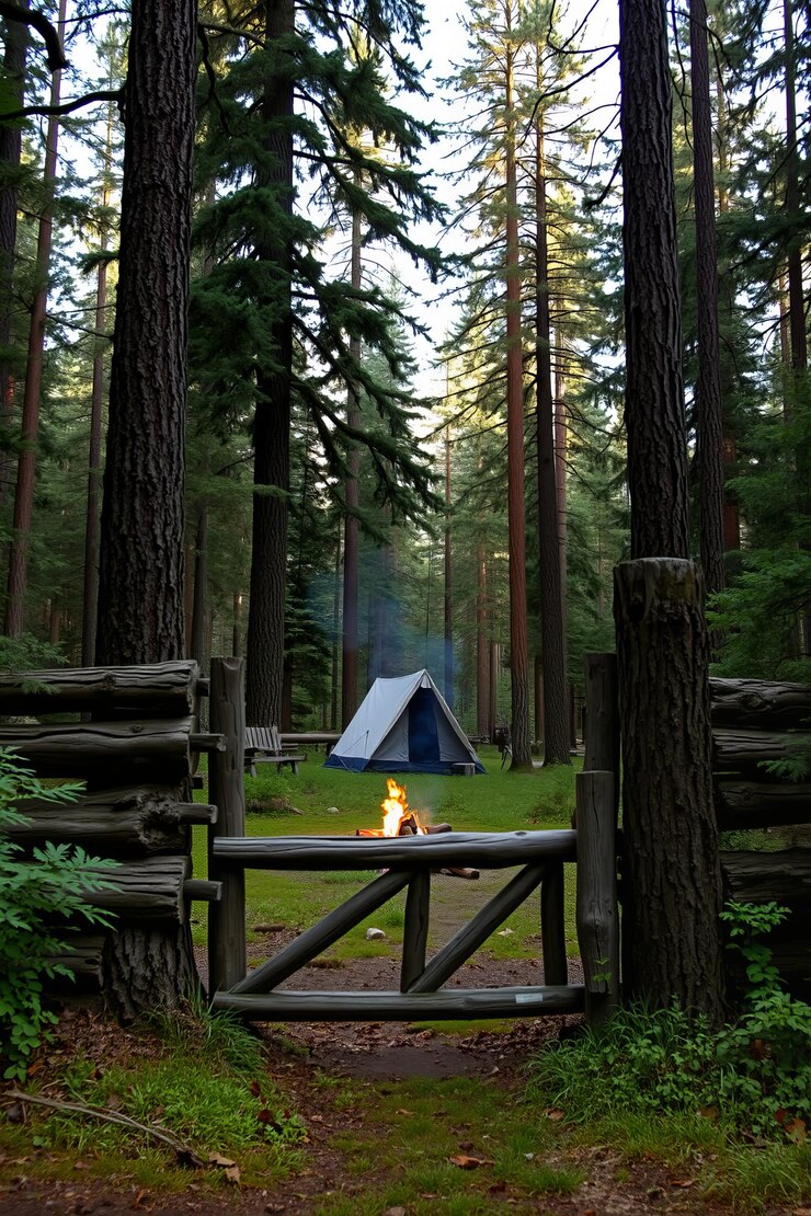 Puerta de troncos rústica que conduce a un campamento escondido en el bosque rodeado de pinos altos y un c