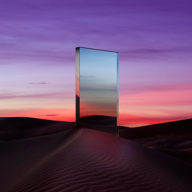 una puerta de vidrio en el desierto se abre a una puesta de sol rosada