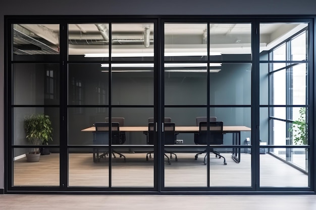 Puerta de vidrio con marco de aluminio negro en un edificio de oficinas utilizado como fondo de pared